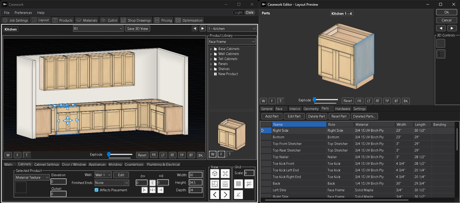 N+ Casework showing a 3D cabinet layout and Cabinet Editor